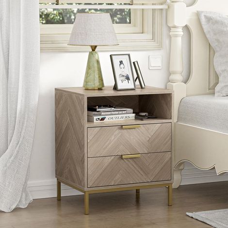 Modern Bedside Table with 2 Drawers, Side Table with Gold Metal Legs and Handles, Sofa End for Living Room, Bedroom, 50 x 40 x 60 cm (1/5)