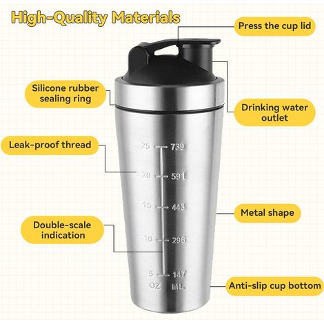 Shaker per proteine in acciaio inox, 750 ml, con sfera miscelatrice, bicchiere termico portatile per l'allenamento, shaker a prova di perdite per bevande proteiche e bevande pre-allenamento.