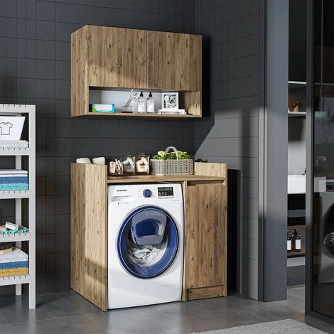 Derin Washing Machine Cabinet with Integrated Side Storage and Wall Unit, 100cm - Oak Effect (1/5)