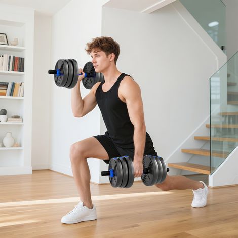 25 kg verstellbares Hantelset, 3-in-1-Krafttrainingsset mit Verlängerungsstange, Blau (1/5)