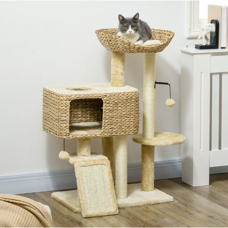 98 cm hoher Kratzbaum mit Höhle, Plattformen, Rampe und Sisal-Kratzstämmen, Beige HAVRYA (1/4)