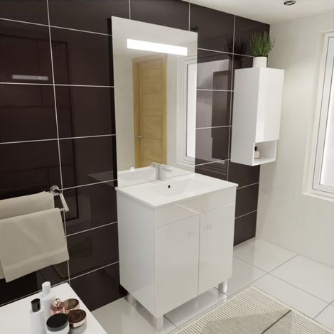 Cuisibane – Meuble salle de bain 70 cm avec plan simple vasque céramique – 2 portes – Miroir LED 70 cm hauteur 105 cm – Blanc brillant - ht105