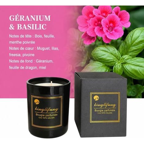 Bougie Parfumée – Parfum Géranium & Basilic - Cire De Soja Végétale Naturelle - Maison Décoration Intérieure, Cadeau – 30-45h (1/5)