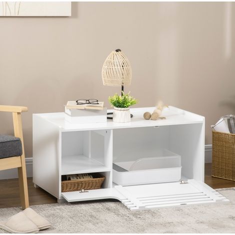 Meuble litière chat 2-en-1 avec 2 étagères, porte magnétique, blanc, 90 x 48 x 43,5 cm (1/5)