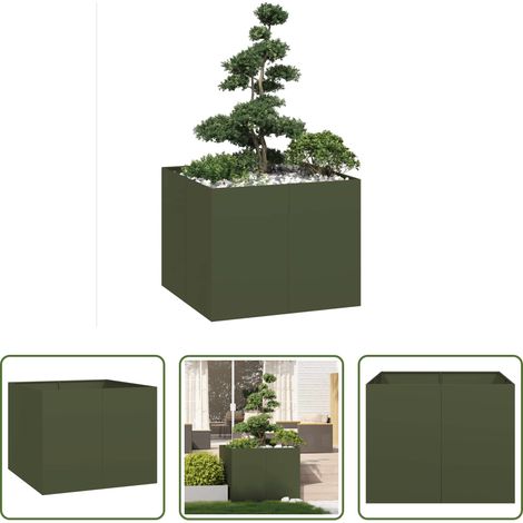 Bac à fleurs -  Jardinière vert olive 100x100x80 cm acier (1/5)
