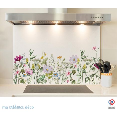 Fond de hotte : Dessin fleurs et aquarelle 2 - Verre trempé - 90 cm - 60 cm (1/5)
