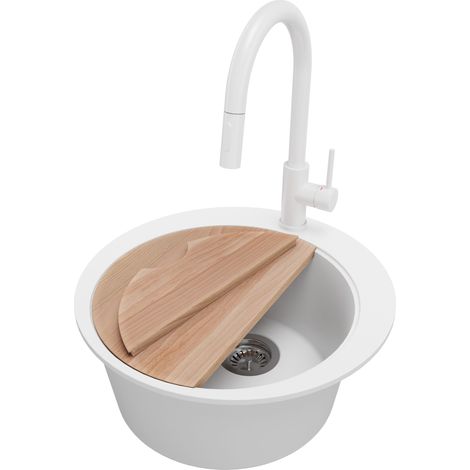 PRIMAGRAN Evier cuisine Granit Rond 50x50cm, Evier 1 bac + Robinet 40x20cm + Kit de Vidage + Planche à Découper, Lavabo Cuisine au meuble 45cm - Pise, Blanc (1/5)