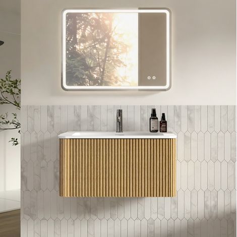 Mueble de baño con lavabo 80 cm y espejo LED 60 x 80 cm, mural, roble DESVIAE (1/5)