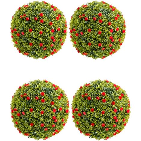 Boules topiaires artificielles réalistes – Plante décorative avec fleurs rougeâtres – Suspension pour maison, jardin, terrasse, mariage – 4pcs, diamètre 32cm (1/5)