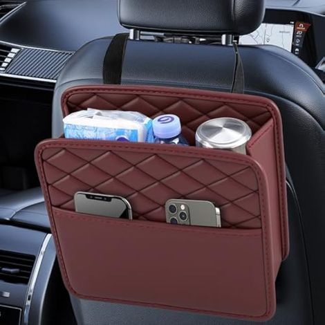 Organiseur de siège de voiture, boîte de rangement en cuir imperméable, sac de rangement à suspendre, organiseur de siège arrière, porte-documents universel pour enfants et adultes (rouge) (1/5)