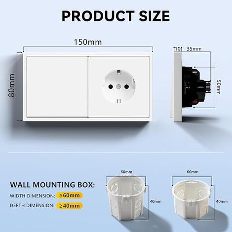 Schuko Recessed Wall Switch Socket with PC Frame, Push Button with Cable Clamps and Claws, 1 Gang 1 Way 150 x 80 mm, White (1/4)