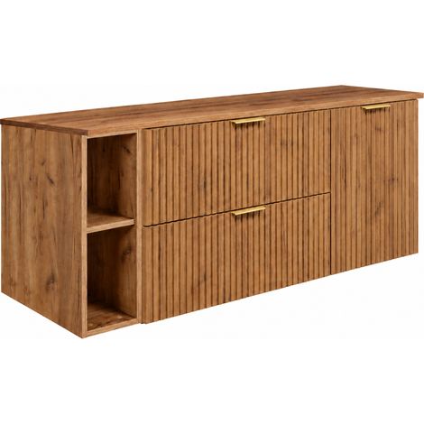 Set di mobili da bagno, 2 cassetti, 1 anta, chiusura ammortizzata, cesto portabiancheria, Rovere Craft, maniglie dorate, 140 x 46 x 57 cm (1/5)