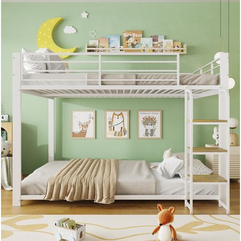 Lit superposé 140x200 cm blanc avec escalier en bois, structure métal et MDF HAVRYA (1/5)