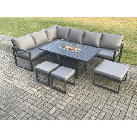 Fimous Aluminium 8 Pieces Garden Furniture Corner Sofa Set with Cushions Gas Fire Pit Dining Table Set with 3 Footstools Dark Grey (1/5)