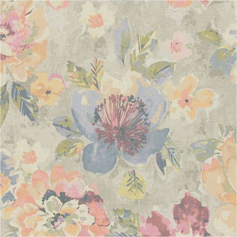 Flowers wallcovering wall Profhome 396072 hot embossed non-woven wallpaper slightly textured aquarelle style matt grey fuchsia blue yellow 5.33 m2 (1/5)