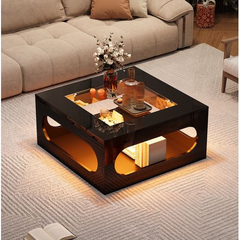 Mesa baja cuadrada 70x70x35 cm con cubierta de vidrio, iluminación LED y almacenamiento, en MDF, negro (1/5)