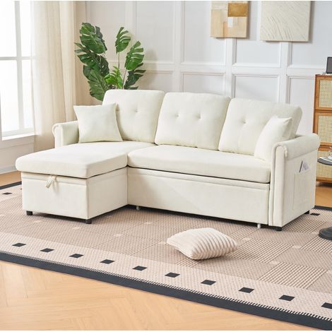 Canapé d’angle convertible avec coffre, réversible, chenille beige, 206x130x85 cm, REDOM (1/5)