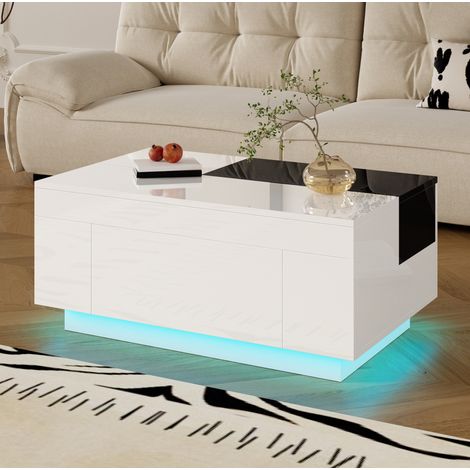 Table basse LED extensible avec rangement, 80 x 50 x 35,5 cm, MDF noir et blanc HAVRYA (1/5)