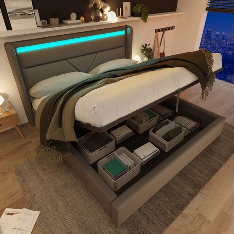 Bett Doppelbett Stauraum 160x200 LED Grau OKMYHOME (1/5)