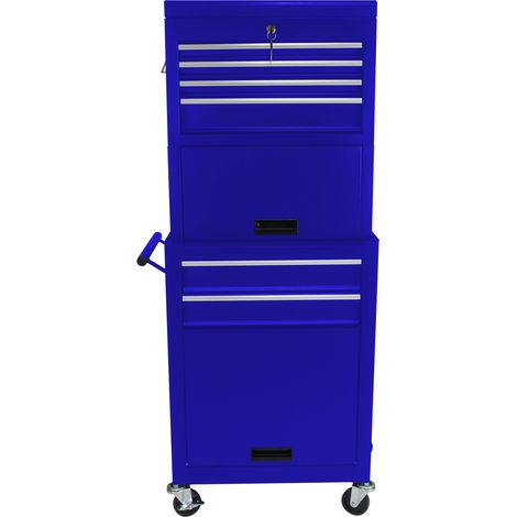 Caisse à outils mobile bleue avec 6 tiroirs verrouillables, 4 roulettes, rangement amovible pour atelier et garage (1/5)