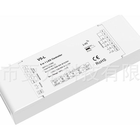 5-channel x 6A RF RGB+CCT controller with push-button dimming, 12-48V DC, V5-L