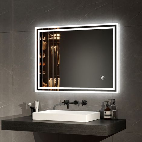 EMKE Espejo de baño con luz, Espejo de baño con diseño de tira de luz doble, espejo de baño de gran tamaño, 90 x 70 cm Luz Blanca Fria 6500K + Interruptor Táctil + Antivaho (1/4)