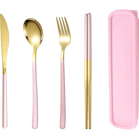 Couverts en acier inoxydable (rose doré), comprenant couteaux, fourchettes, cuillères et baguettes. (1/2)