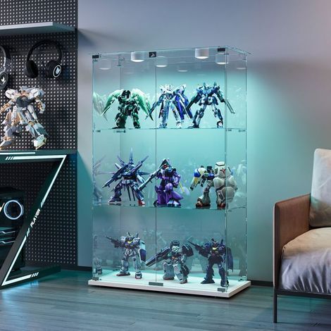 Glasvitrine mit LED-Beleuchtung, Vitrinen-Schrank mit 3 Regalen und 2 Türen, Sicherheitsschloss, Glasvitrine für das Wohnzimmer