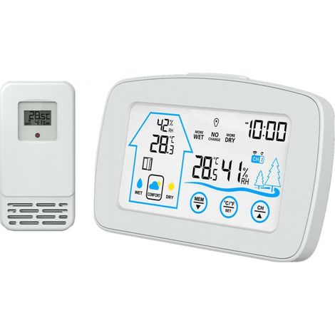 Multifunktionale Wetterstation Innen und Außen Thermohygrometer Kabellose Wetteruhr Elektronische Uhr Lieferung ohne Batterie, Weiß