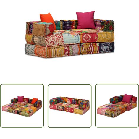The Living Store Pouf modulaire à 2 places Patchwork Tissu - Canapé Modular - Pouf Convertible - Canapé Lit - Décoration Intérieure - Style Exotique (1/5)