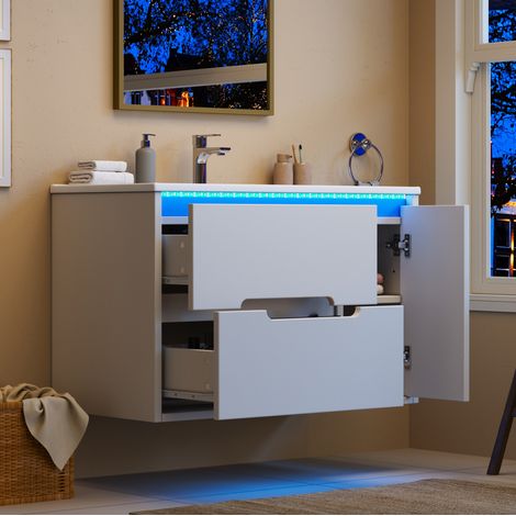 Meuble salle de bain suspendu 81 cm blanc avec vasque céramique, LED et fermeture soft-close (1/5)