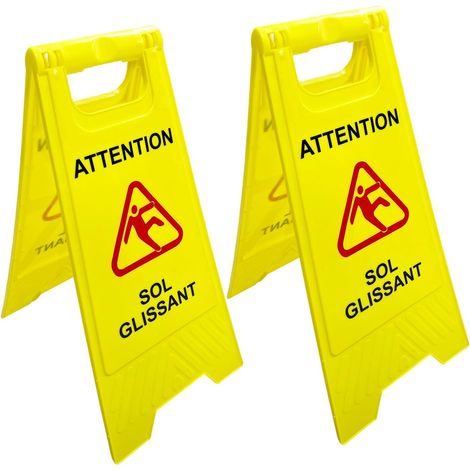 Panneau "ATTENTION SOL GLISSANT" de couleur jaune, 60 cm x 29 cm, Lot de 2 (1/4)