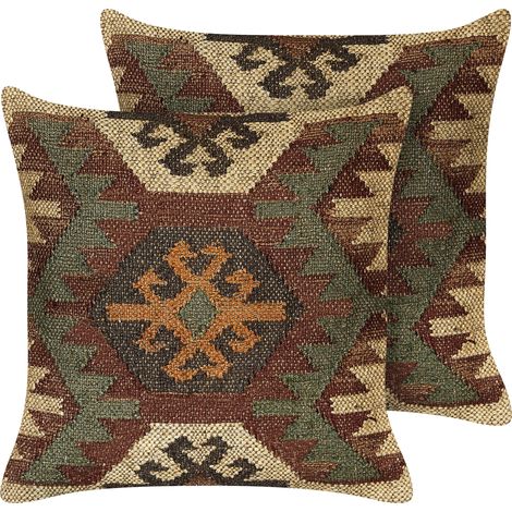 Conjunto de 2 cojines de yute algodón lana marrón verde rojo beige 45 x 45 cm Cumbum (1/5)