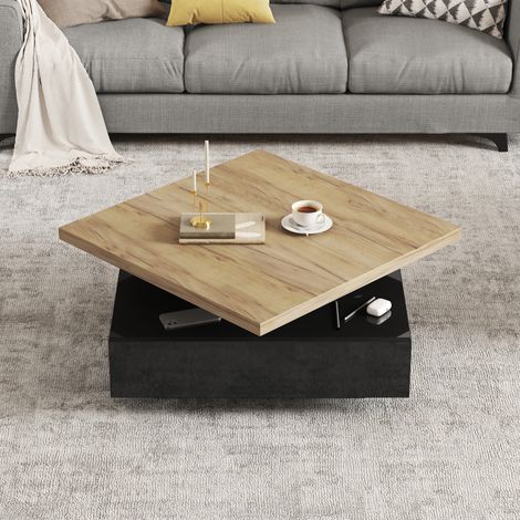 Tavolino da caffè quadrato moderno 70x70x36 cm, girevole a 360°, 1 cassetto, tavolino da divano, multifunzionale, in legno nero (1/5)