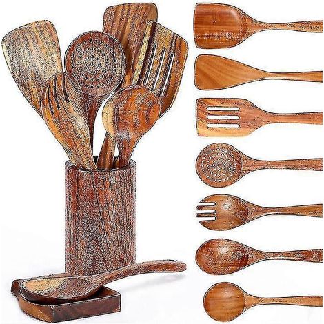 Ensemble de 9 cuillères en bois pour la cuisine, ustensiles de cuisine en bois avec support, en teck. (1/5)