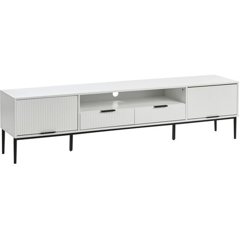 Meuble TV Moderne en MDF Pieds en Métal avec Portes et Trou pour Gestion des Câbles Blanc Leduc