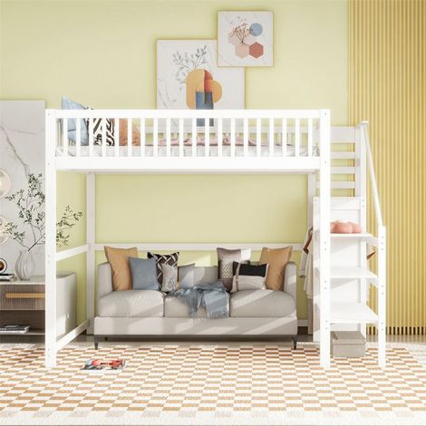 Lit mezzanine enfant 140x200 bois blanc avec escalier, étagères et armoire, sommier inclus
