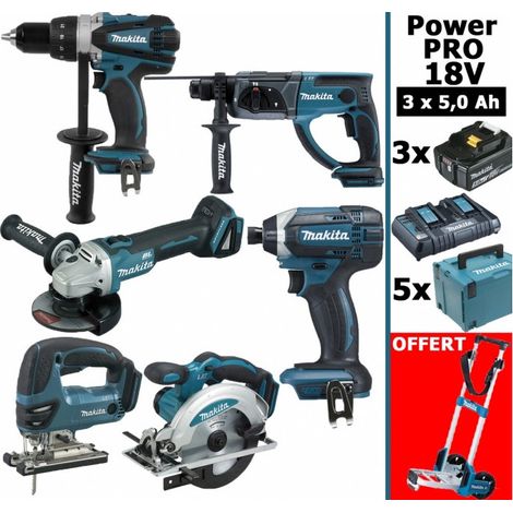 Pack Makita Power PRO 6 outils 18V: DDF458 +DHR202 + DGA504 + DTD152 + DJV180 + DSS610 + 3 batt 5Ah + 5 Coffrets + chariot diabl (1/5)