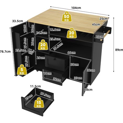 MEUBLIV Îlot de cuisine 104x69x89 cm naturel et noir – plateau rabattable (1/5)