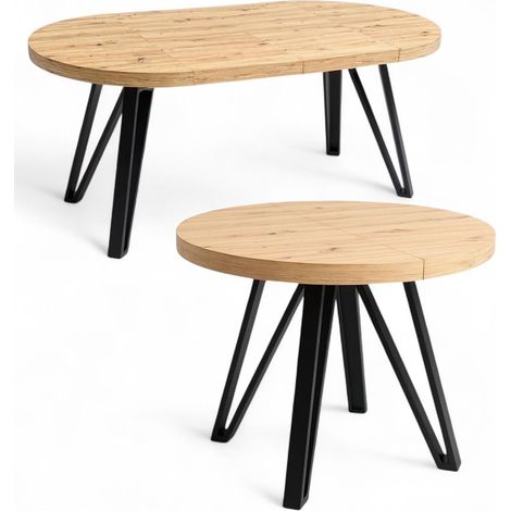 Esstisch Ausziehbar, Rund Ø110/210 cm Artisan Eiche, Massiver Tisch im Industrial-Stil mit Metallgestell (1/4)