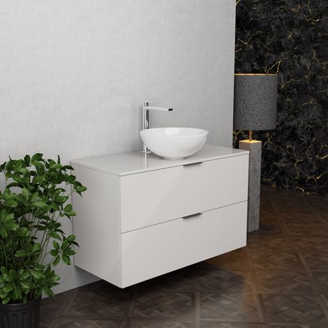 Inda - Badezimmerschrank B.100 mit Aufsatzwaschbecken / Weiß glänzend 2 Schubladen - Topazio (1/5)