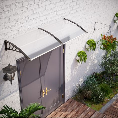 Techo para puerta (75x195x23 cm), protección doble, policarbonato curvado, marco de aluminio, transparente (1/5)