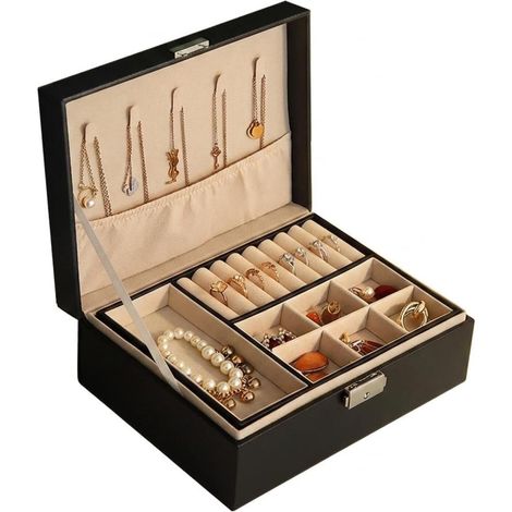 Caja de joyería, organizador de joyas de doble compartimento con gran capacidad, caja de almacenamiento de piel sintética con cerradura y bandeja extraíble. (1/5)