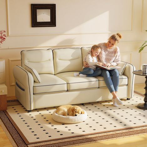 Canapé 3 places Beige simili cuir rembourrage épais poche latérale 2 coussins 190x83x90 cm (1/4)