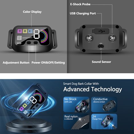 Appareil de dressage pour chien Collier anti-aboiement pour chiens Écran couleur Entraîneur intelligent Étanche IP67 Rechargeable avec bip, vibration, bip + modes de vibration 8 sensibilités réglables (1/5)