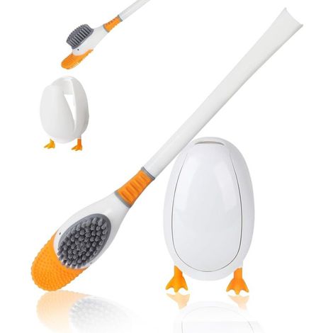 Brosse WC et support en silicone blanc - Outil de nettoyage moderne pour salle de bain Fixation murale ou sur pied (1/5)