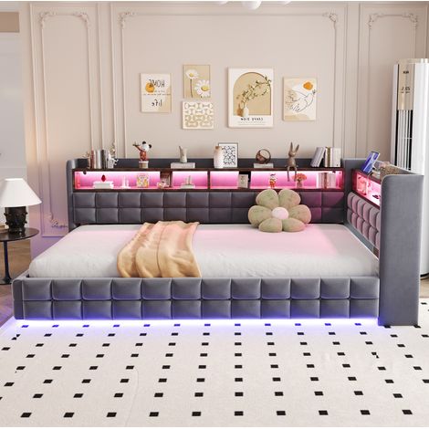 Letto divano 90x200 cm in velluto grigio scuro con contenitore e LED, senza materasso – MEUBLIV (1/5)
