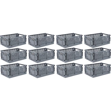 Lot de 12 paniers de rangement pliables avec poignées - Gris - 23,5 x 35 x H 14 cm - Livraison gratuite