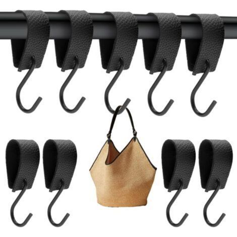 Lot de 10 crochets en forme de S, noirs, pour tringle à vêtements, en S, avec boucle en cuir, crochets multifonctions, crochets de boucher, porte-manteau, cintres (1/5)