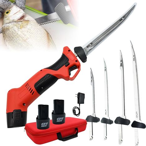 Couteau à Filet électrique sans Fil, Couteau à Filet de Poisson Rechargeable avec 4 Lames antiadhésives à revêtement Ti-Nitride S.S. et 2 Piles, Vitesse Variable en continu, Verrouillage (1/5)